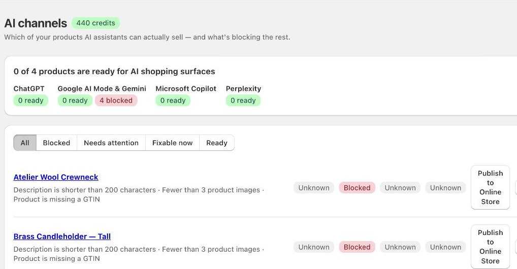 Axegem AI channels page inside Shopify admin: per-product readiness for ChatGPT, Google AI Mode & Gemini, Microsoft Copilot, and Perplexity, with one-click Publish and Review actions